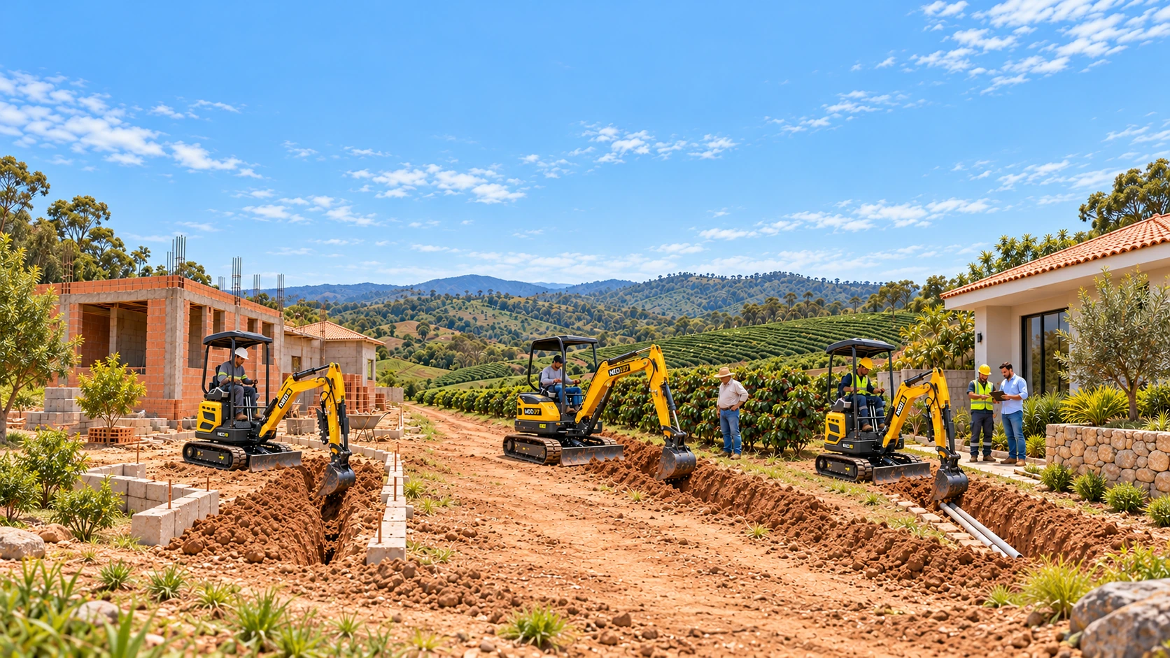 Máquinas NEO integradas a três cenários de operação: construção civil, agronegócio e prestação de serviços.