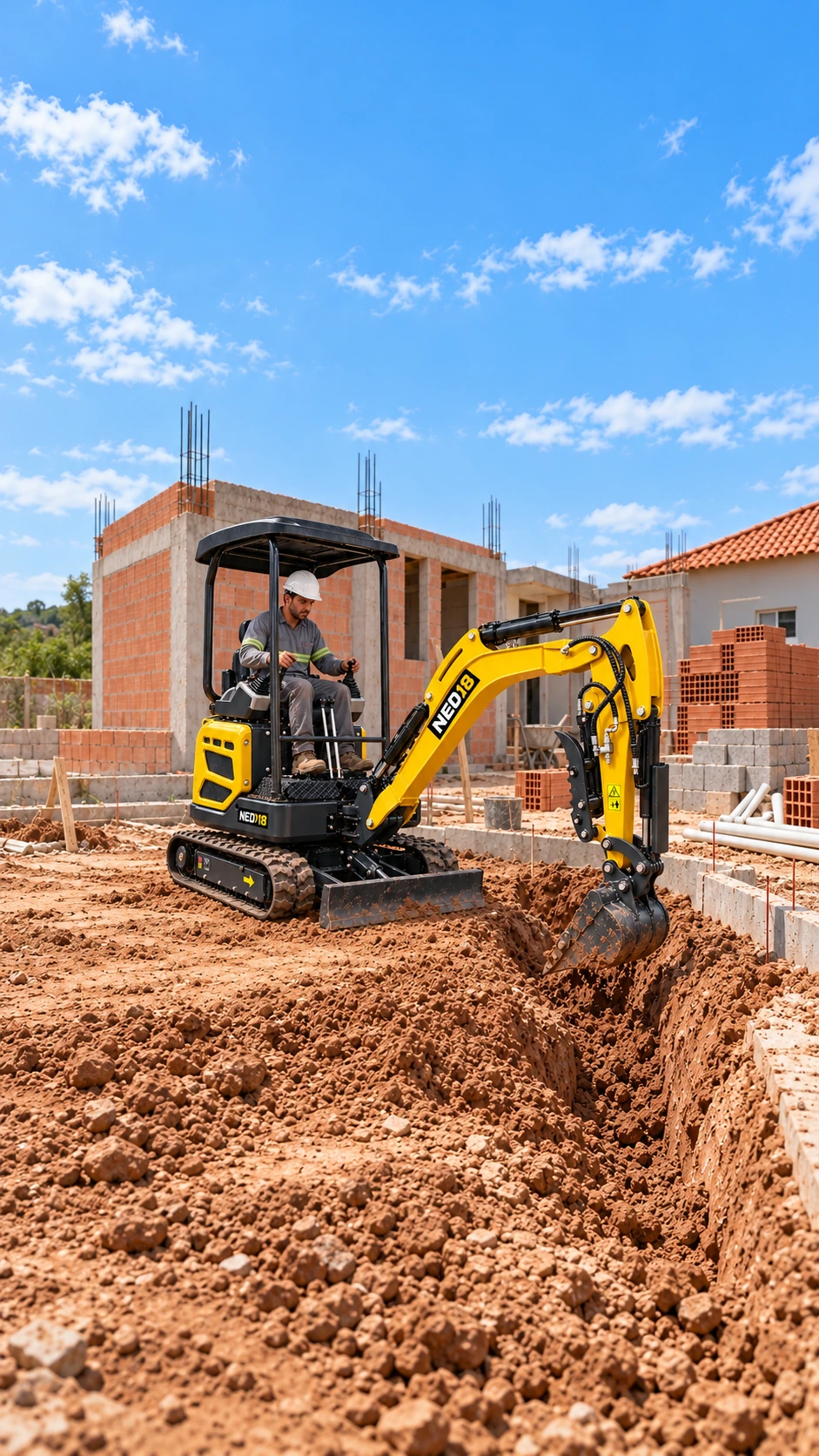 Mini escavadeira NEO 18 trabalhando em um canteiro de obras da construção civil.