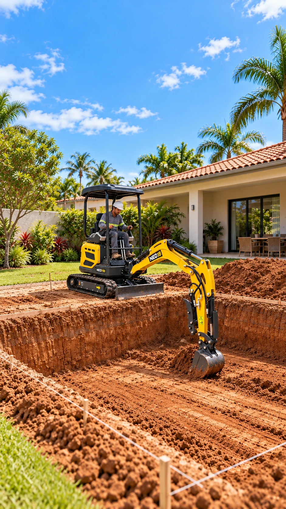 Mini escavadeira NEO 18 escavando uma piscina em um quintal residencial.